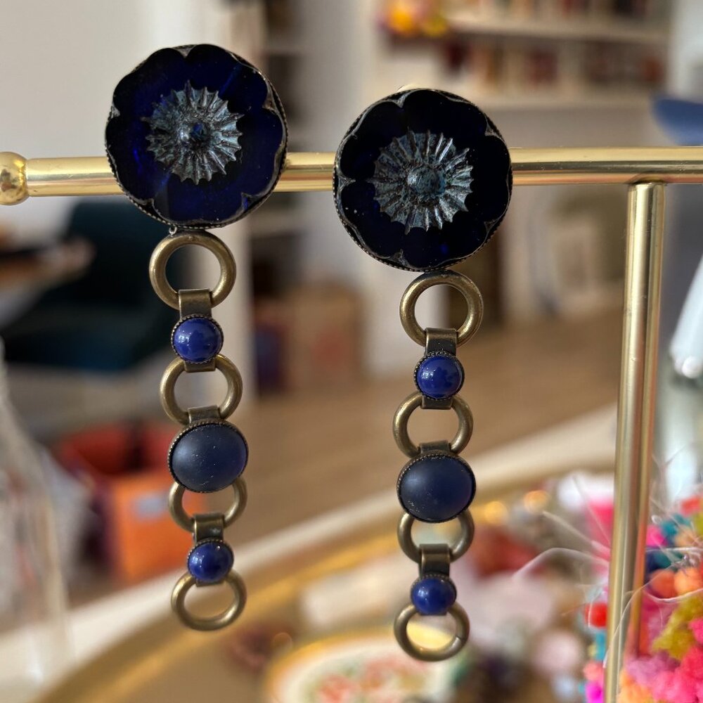Vintage Blue Flower Drop Earrings, Clip-On